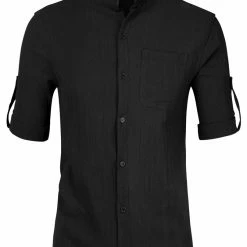 Allegra K Men's Linen Shirt Roll-up 3/4 Sleeves Casual Band Collar Beach Tops