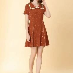 Allegra K Women's Heart Printed Doll Collar Short Sleeve A-Line Flare Dress 12 Allegra K Women's Heart Printed Doll Collar Short Sleeve A-Line Flare Dress