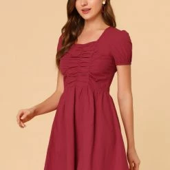 Allegra K Women' S Square Neck Puff Short Sleeve Ruch Front A-Line Dress