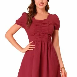 Allegra K Women' S Square Neck Puff Short Sleeve Ruch Front A-Line Dress