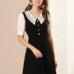 Allegra K Women's Hollow Lace Doll Collar Chiffon Button Cuffs Zip Back A Line Dress