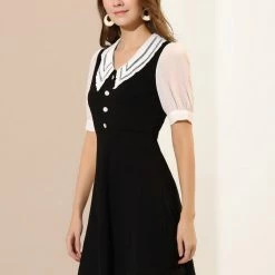 Allegra K Women's Hollow Lace Doll Collar Chiffon Button Cuffs Zip Back A Line Dress