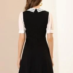 Allegra K Women's Hollow Lace Doll Collar Chiffon Button Cuffs Zip Back A Line Dress