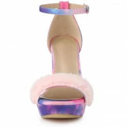 Allegra K Women's Tie Dye Platform Fur Chunky Heels Sandals Shoes