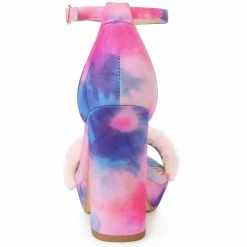 Allegra K Women's Tie Dye Platform Fur Chunky Heels Sandals Shoes