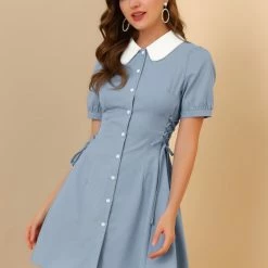 Allegra K Women's Vintage Peter Pan Collar Lace Up Button Down Dress 11 Allegra K Women's Vintage Peter Pan Collar Lace Up Button Down Dress