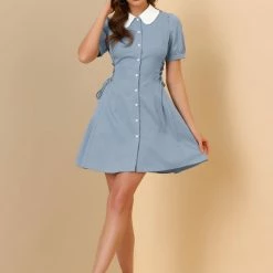 Allegra K Women's Vintage Peter Pan Collar Lace Up Button Down Dress 12 Allegra K Women's Vintage Peter Pan Collar Lace Up Button Down Dress