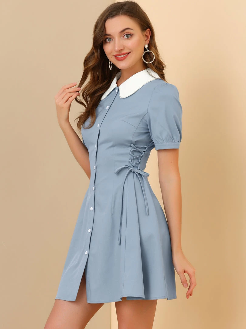 Allegra K Women's Vintage Peter Pan Collar Lace Up Button Down Dress 7 Allegra K Women's Vintage Peter Pan Collar Lace Up Button Down Dress