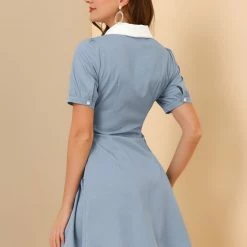 Allegra K Women's Vintage Peter Pan Collar Lace Up Button Down Dress 14 Allegra K Women's Vintage Peter Pan Collar Lace Up Button Down Dress