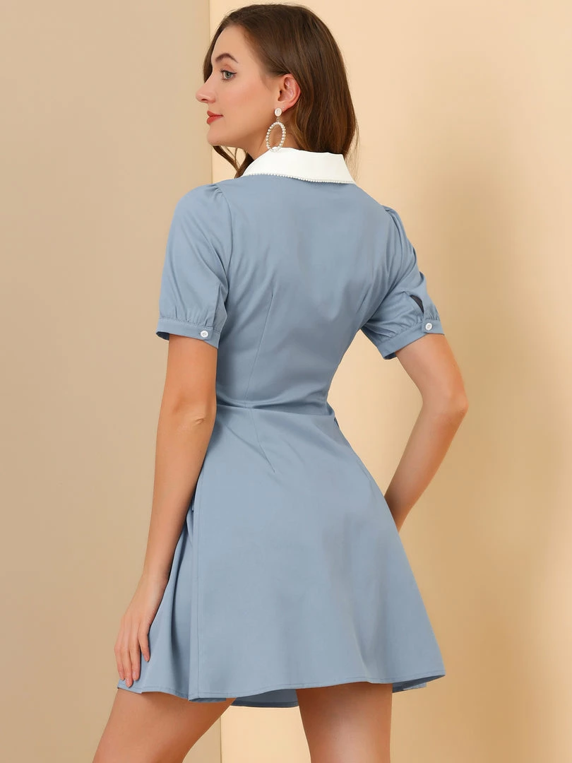 Allegra K Women's Vintage Peter Pan Collar Lace Up Button Down Dress 8 Allegra K Women's Vintage Peter Pan Collar Lace Up Button Down Dress