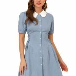 Allegra K Women's Vintage Peter Pan Collar Lace Up Button Down Dress