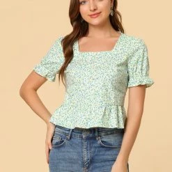 Allegra K Women's Floral Square Neck Short Sleeve Ruffled Hem Peplum Blouse