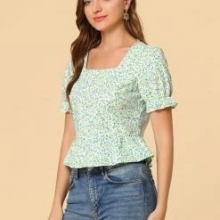 Allegra K Women's Floral Square Neck Short Sleeve Ruffled Hem Peplum Blouse