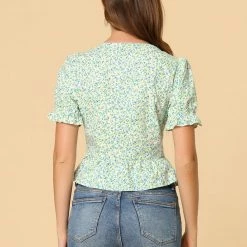 Allegra K Women's Floral Square Neck Short Sleeve Ruffled Hem Peplum Blouse