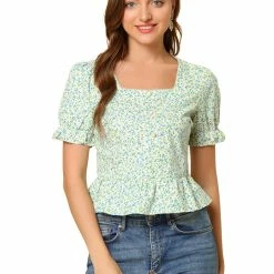 Allegra K Women's Floral Square Neck Short Sleeve Ruffled Hem Peplum Blouse