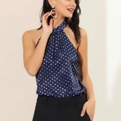 Allegra K Women's Polka Dots Halter Neck Top Elegant Satin Sleeveless Blouse