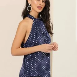 Allegra K Women's Polka Dots Halter Neck Top Elegant Satin Sleeveless Blouse