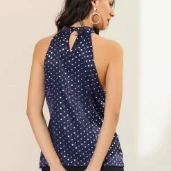 Allegra K Women's Polka Dots Halter Neck Top Elegant Satin Sleeveless Blouse