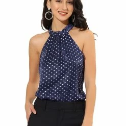 Allegra K Women's Polka Dots Halter Neck Top Elegant Satin Sleeveless Blouse