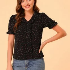 Allegra K Women's Cherry Print Ruffle V Neck Short Sleeve Summer Blouse