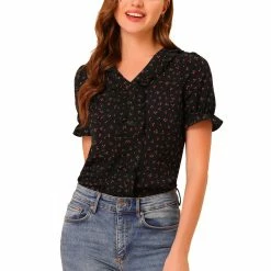 Allegra K Women's Cherry Print Ruffle V Neck Short Sleeve Summer Blouse