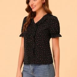 Allegra K Women's Cherry Print Ruffle V Neck Short Sleeve Summer Blouse