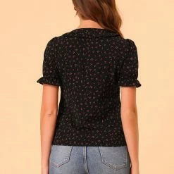 Allegra K Women's Cherry Print Ruffle V Neck Short Sleeve Summer Blouse
