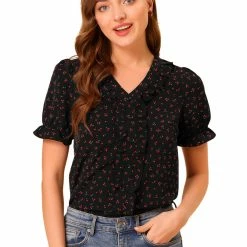 Allegra K Women's Cherry Print Ruffle V Neck Short Sleeve Summer Blouse