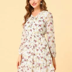 Allegra K Women's Ruffled A-Line Long Sleeve Self Tie V Neck Casual Chiffon Boho Floral Dress