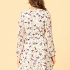 Allegra K Women's Ruffled A-Line Long Sleeve Self Tie V Neck Casual Chiffon Boho Floral Dress