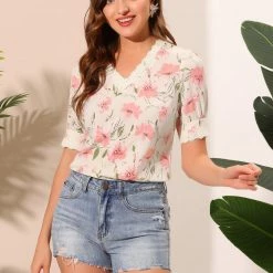 Allegra K Women's Floral Lace Trim V Neck Summer Blouse Top