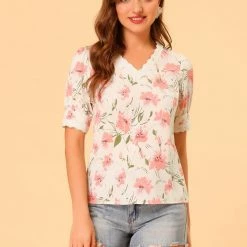 Allegra K Women's Floral Lace Trim V Neck Summer Blouse Top