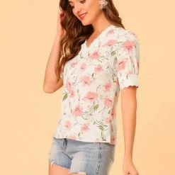 Allegra K Women's Floral Lace Trim V Neck Summer Blouse Top