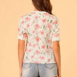 Allegra K Women's Floral Lace Trim V Neck Summer Blouse Top