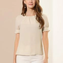 Allegra K Women's Round Neck Short Puff Sleeve Pleated Office Work Blouse Top