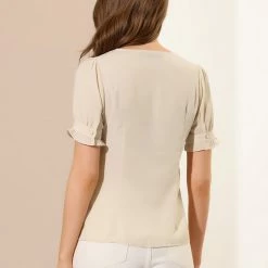 Allegra K Women's Round Neck Short Puff Sleeve Pleated Office Work Blouse Top