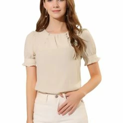 Allegra K Women's Round Neck Short Puff Sleeve Pleated Office Work Blouse Top