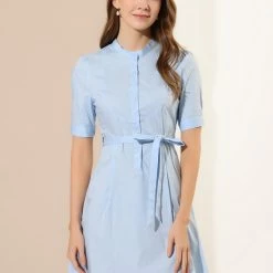 Allegra K Women's A-Line Stand Collar Half Placket Belted Shirt Dress