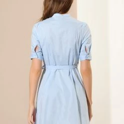 Allegra K Women's A-Line Stand Collar Half Placket Belted Shirt Dress