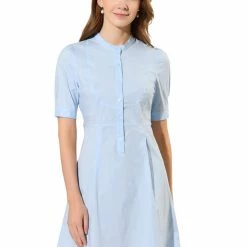 Allegra K Women's A-Line Stand Collar Half Placket Belted Shirt Dress