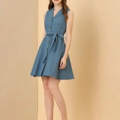 Allegra K Women's Casual Notched Lapel Belted Fit And Flare Sleeveless Shirt Dress