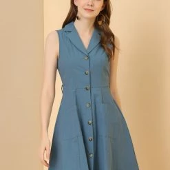 Allegra K Women's Casual Notched Lapel Belted Fit And Flare Sleeveless Shirt Dress