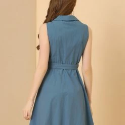 Allegra K Women's Casual Notched Lapel Belted Fit And Flare Sleeveless Shirt Dress