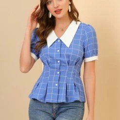 Allegra K Women's Contrast Collar Cinched Waist Short Puff Sleeve Casual Plaid Peplum Top 11 Allegra K Women's Contrast Collar Cinched Waist Short Puff Sleeve Casual Plaid Peplum Top
