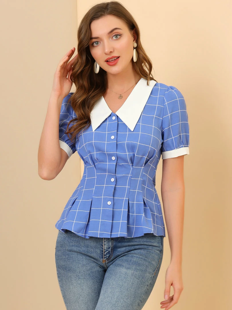 Allegra K Women's Contrast Collar Cinched Waist Short Puff Sleeve Casual Plaid Peplum Top 5 Allegra K Women's Contrast Collar Cinched Waist Short Puff Sleeve Casual Plaid Peplum Top
