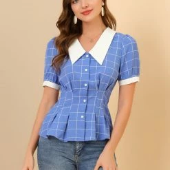 Allegra K Women's Contrast Collar Cinched Waist Short Puff Sleeve Casual Plaid Peplum Top 12 Allegra K Women's Contrast Collar Cinched Waist Short Puff Sleeve Casual Plaid Peplum Top