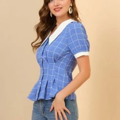 Allegra K Women's Contrast Collar Cinched Waist Short Puff Sleeve Casual Plaid Peplum Top 13 Allegra K Women's Contrast Collar Cinched Waist Short Puff Sleeve Casual Plaid Peplum Top
