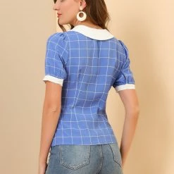 Allegra K Women's Contrast Collar Cinched Waist Short Puff Sleeve Casual Plaid Peplum Top 14 Allegra K Women's Contrast Collar Cinched Waist Short Puff Sleeve Casual Plaid Peplum Top