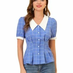 Allegra K Women's Contrast Collar Cinched Waist Short Puff Sleeve Casual Plaid Peplum Top