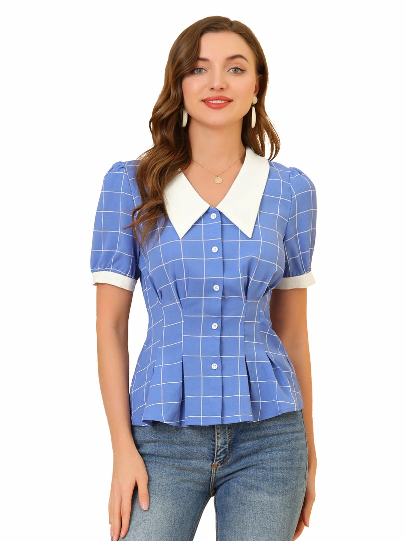 Allegra K Women's Contrast Collar Cinched Waist Short Puff Sleeve Casual Plaid Peplum Top 4 Allegra K Women's Contrast Collar Cinched Waist Short Puff Sleeve Casual Plaid Peplum Top